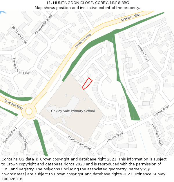 11, HUNTINGDON CLOSE, CORBY, NN18 8RG: Location map and indicative extent of plot