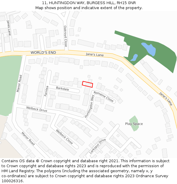 11, HUNTINGDON WAY, BURGESS HILL, RH15 0NR: Location map and indicative extent of plot