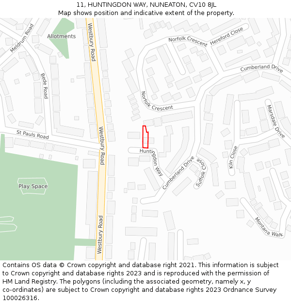 11, HUNTINGDON WAY, NUNEATON, CV10 8JL: Location map and indicative extent of plot