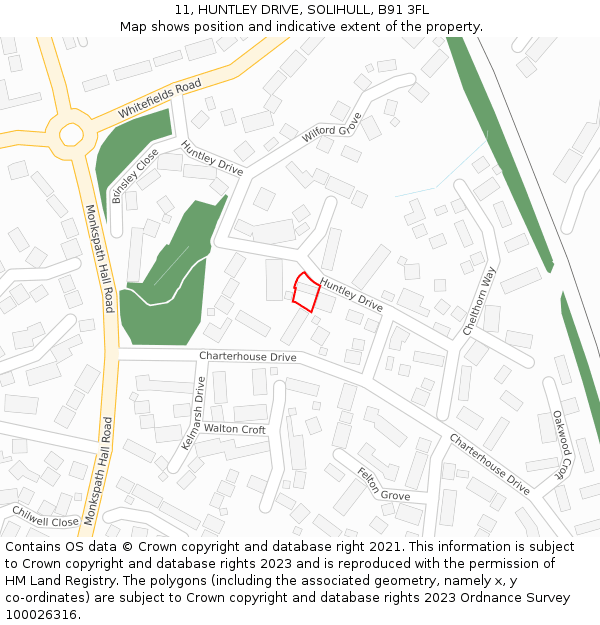 11, HUNTLEY DRIVE, SOLIHULL, B91 3FL: Location map and indicative extent of plot