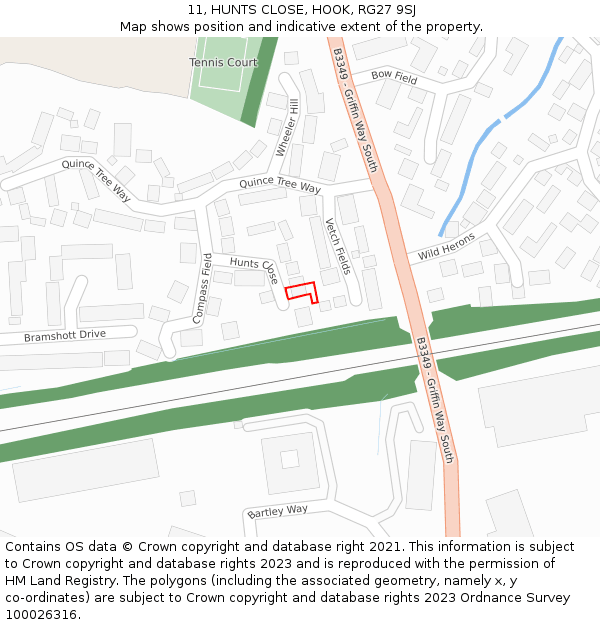 11, HUNTS CLOSE, HOOK, RG27 9SJ: Location map and indicative extent of plot