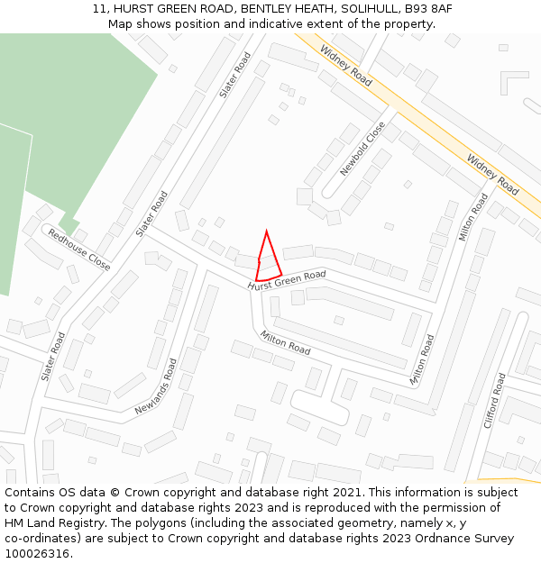 11, HURST GREEN ROAD, BENTLEY HEATH, SOLIHULL, B93 8AF: Location map and indicative extent of plot