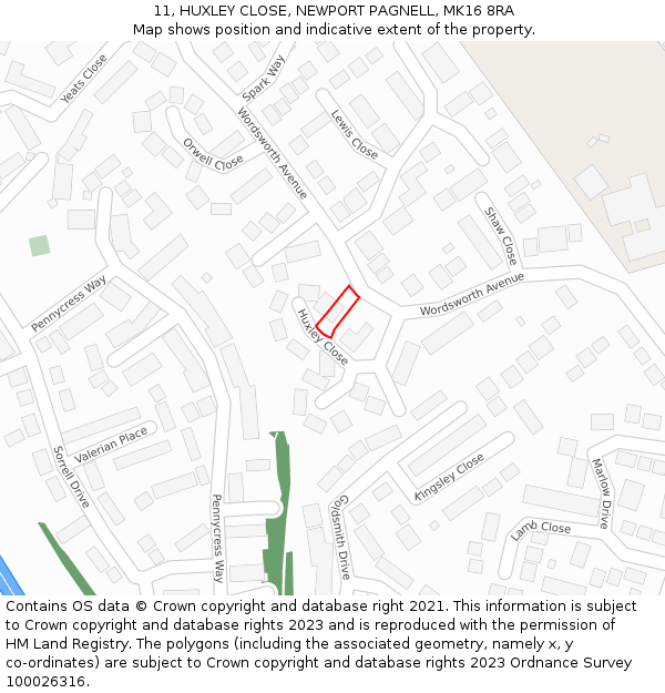 11, HUXLEY CLOSE, NEWPORT PAGNELL, MK16 8RA: Location map and indicative extent of plot