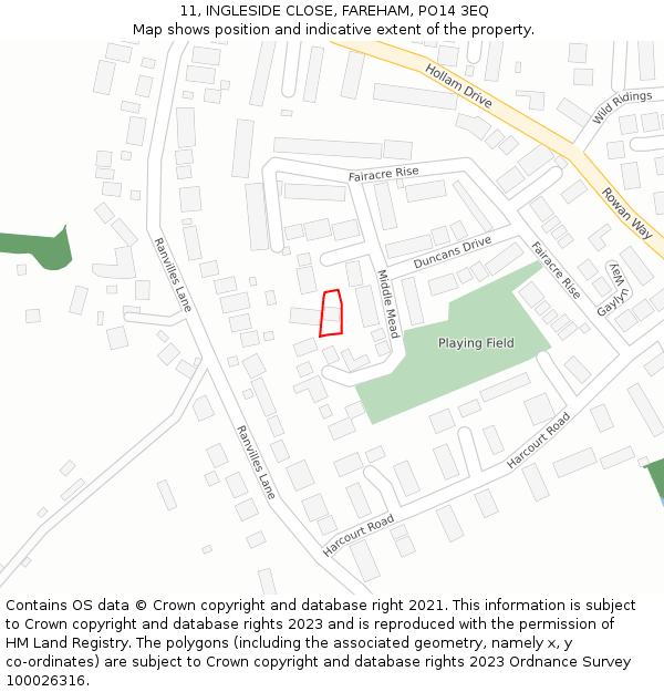 11, INGLESIDE CLOSE, FAREHAM, PO14 3EQ: Location map and indicative extent of plot