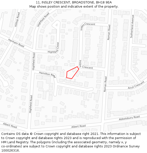 11, INSLEY CRESCENT, BROADSTONE, BH18 9EA: Location map and indicative extent of plot