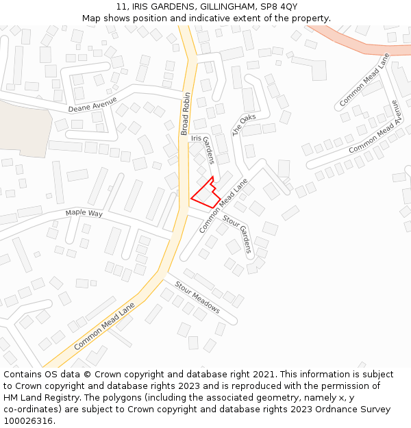 11, IRIS GARDENS, GILLINGHAM, SP8 4QY: Location map and indicative extent of plot