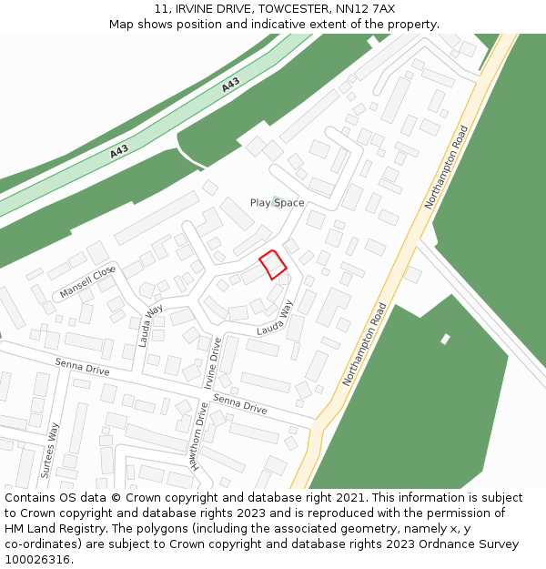 11, IRVINE DRIVE, TOWCESTER, NN12 7AX: Location map and indicative extent of plot