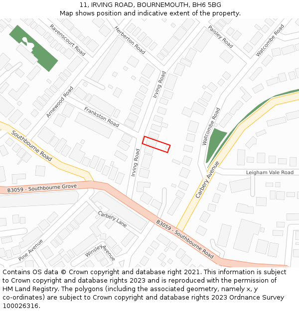 11, IRVING ROAD, BOURNEMOUTH, BH6 5BG: Location map and indicative extent of plot