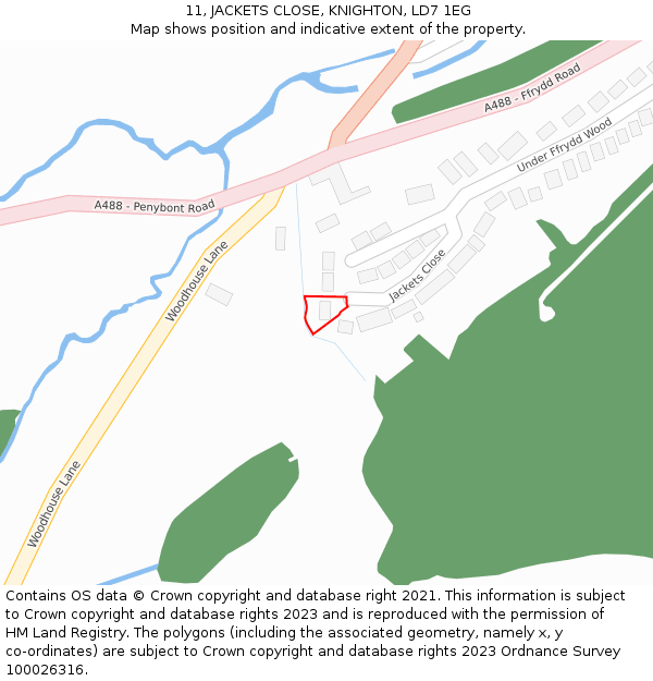 11, JACKETS CLOSE, KNIGHTON, LD7 1EG: Location map and indicative extent of plot
