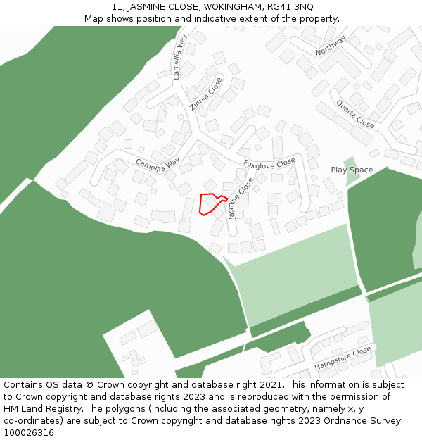 11, JASMINE CLOSE, WOKINGHAM, RG41 3NQ: Location map and indicative extent of plot