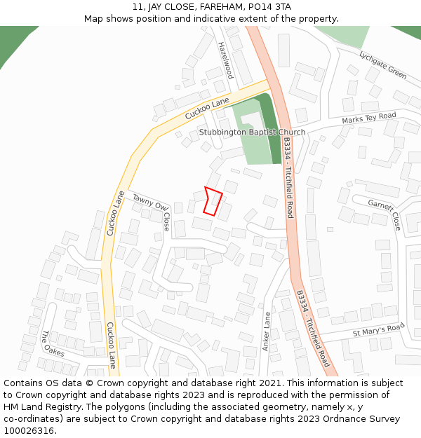 11, JAY CLOSE, FAREHAM, PO14 3TA: Location map and indicative extent of plot