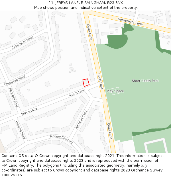 11, JERRYS LANE, BIRMINGHAM, B23 5NX: Location map and indicative extent of plot