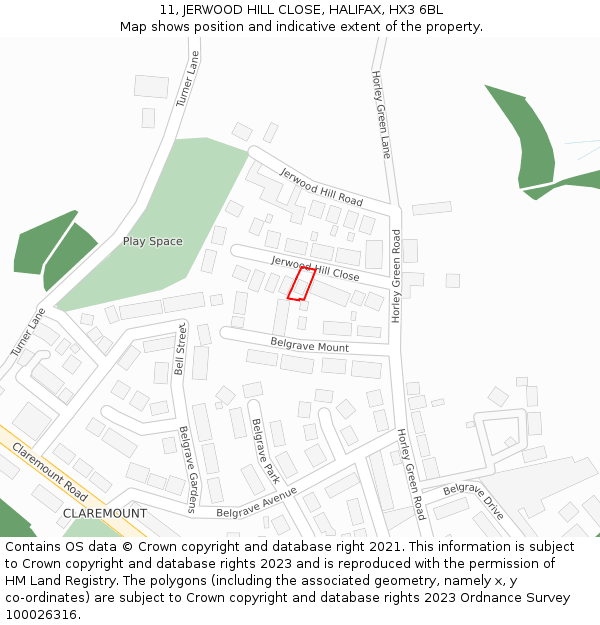 11, JERWOOD HILL CLOSE, HALIFAX, HX3 6BL: Location map and indicative extent of plot