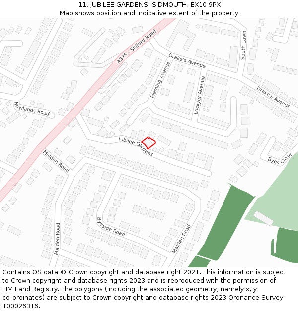 11, JUBILEE GARDENS, SIDMOUTH, EX10 9PX: Location map and indicative extent of plot