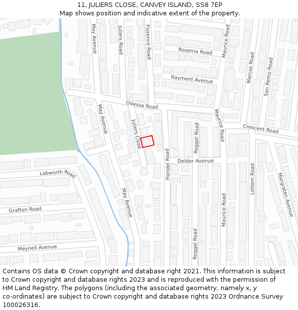 11, JULIERS CLOSE, CANVEY ISLAND, SS8 7EP: Location map and indicative extent of plot