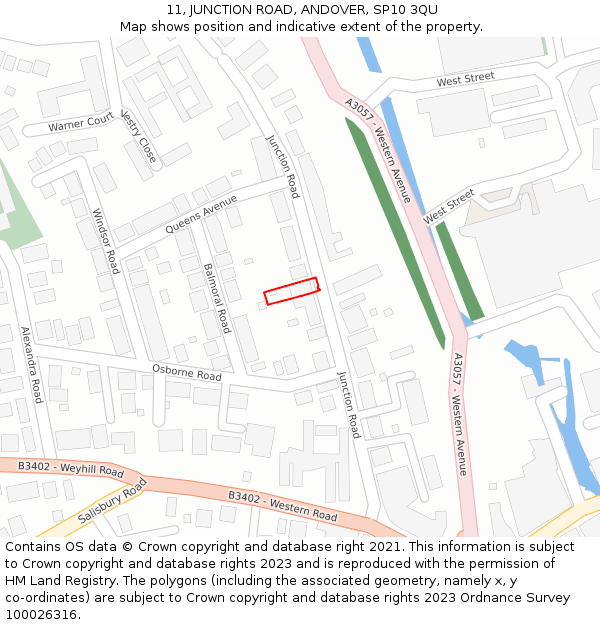 11, JUNCTION ROAD, ANDOVER, SP10 3QU: Location map and indicative extent of plot