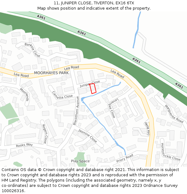 11, JUNIPER CLOSE, TIVERTON, EX16 6TX: Location map and indicative extent of plot