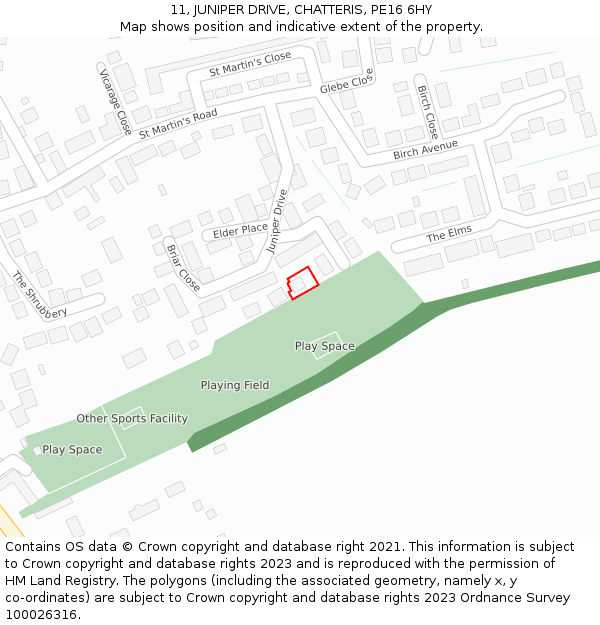 11, JUNIPER DRIVE, CHATTERIS, PE16 6HY: Location map and indicative extent of plot