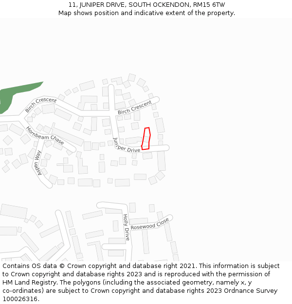 11, JUNIPER DRIVE, SOUTH OCKENDON, RM15 6TW: Location map and indicative extent of plot