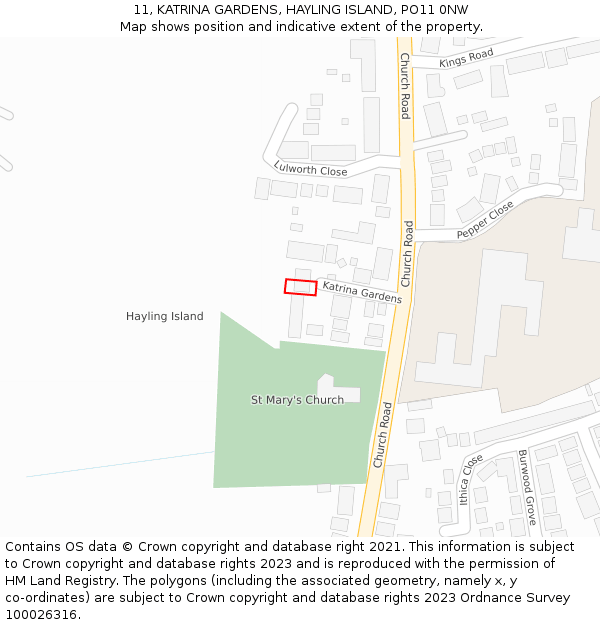 11, KATRINA GARDENS, HAYLING ISLAND, PO11 0NW: Location map and indicative extent of plot