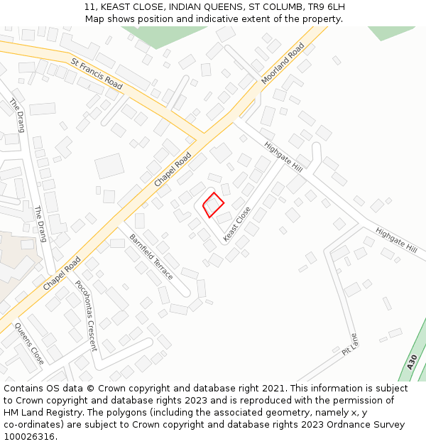 11, KEAST CLOSE, INDIAN QUEENS, ST COLUMB, TR9 6LH: Location map and indicative extent of plot