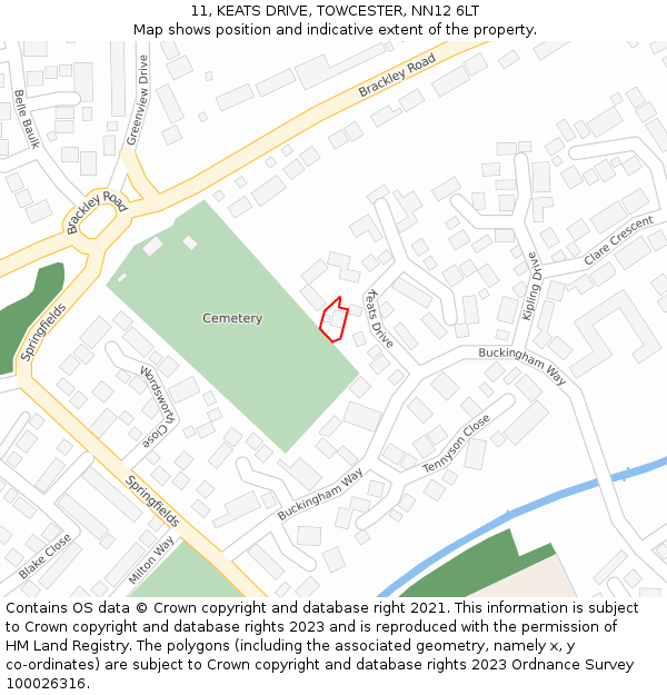 11, KEATS DRIVE, TOWCESTER, NN12 6LT: Location map and indicative extent of plot