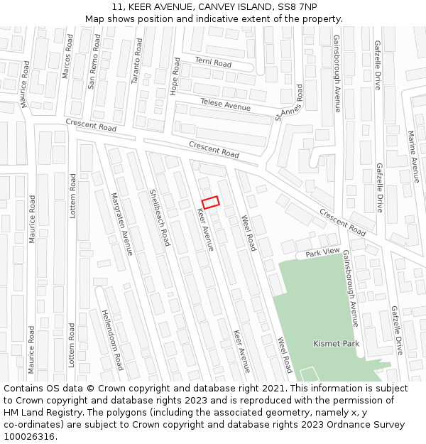 11, KEER AVENUE, CANVEY ISLAND, SS8 7NP: Location map and indicative extent of plot