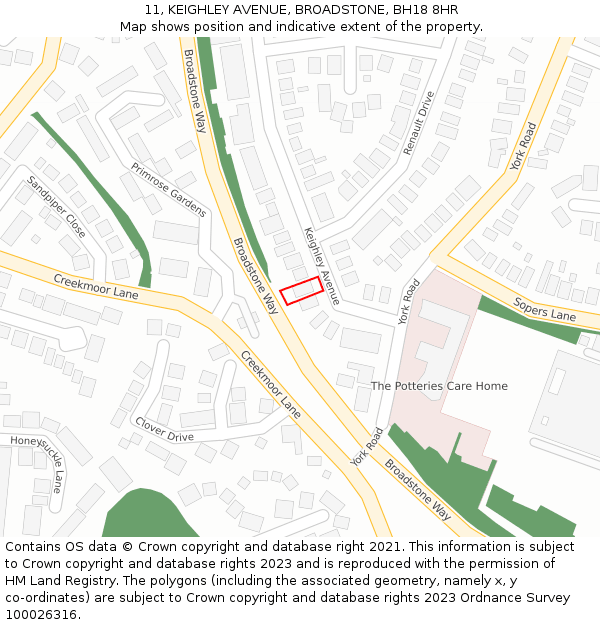 11, KEIGHLEY AVENUE, BROADSTONE, BH18 8HR: Location map and indicative extent of plot