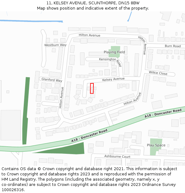 11, KELSEY AVENUE, SCUNTHORPE, DN15 8BW: Location map and indicative extent of plot