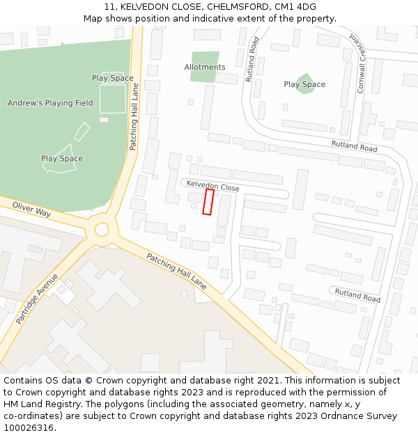 11, KELVEDON CLOSE, CHELMSFORD, CM1 4DG: Location map and indicative extent of plot