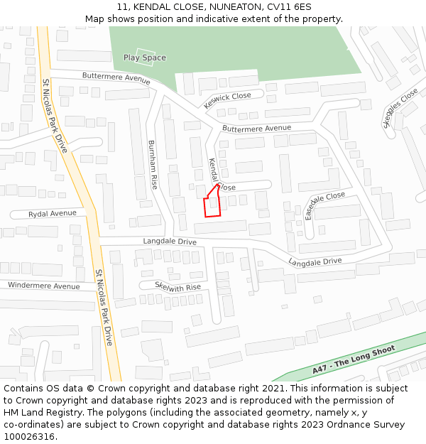 11, KENDAL CLOSE, NUNEATON, CV11 6ES: Location map and indicative extent of plot