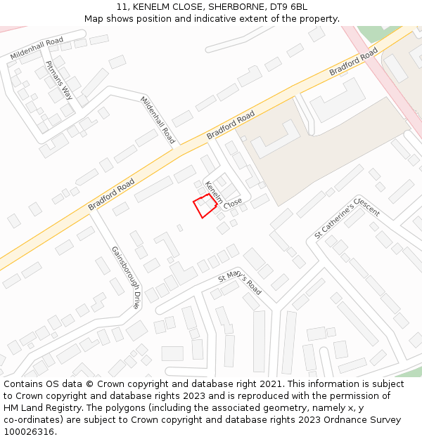 11, KENELM CLOSE, SHERBORNE, DT9 6BL: Location map and indicative extent of plot