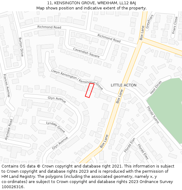 11, KENSINGTON GROVE, WREXHAM, LL12 8AJ: Location map and indicative extent of plot