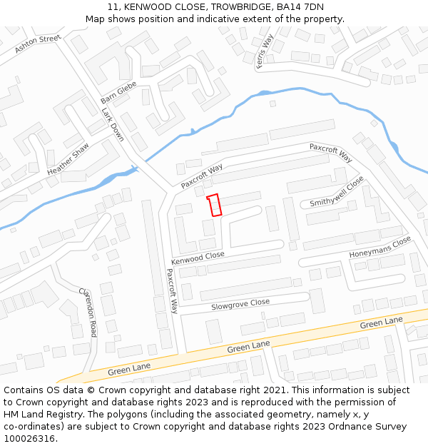 11, KENWOOD CLOSE, TROWBRIDGE, BA14 7DN: Location map and indicative extent of plot