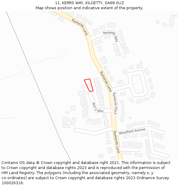 11, KERRS WAY, KILGETTY, SA68 0UZ: Location map and indicative extent of plot