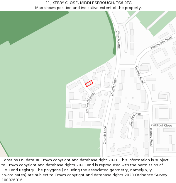 11, KERRY CLOSE, MIDDLESBROUGH, TS6 9TG: Location map and indicative extent of plot