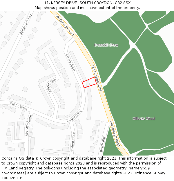 11, KERSEY DRIVE, SOUTH CROYDON, CR2 8SX: Location map and indicative extent of plot