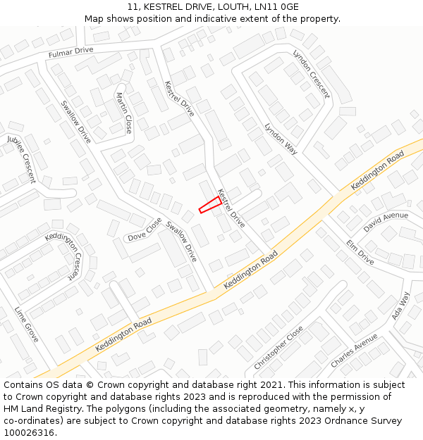 11, KESTREL DRIVE, LOUTH, LN11 0GE: Location map and indicative extent of plot