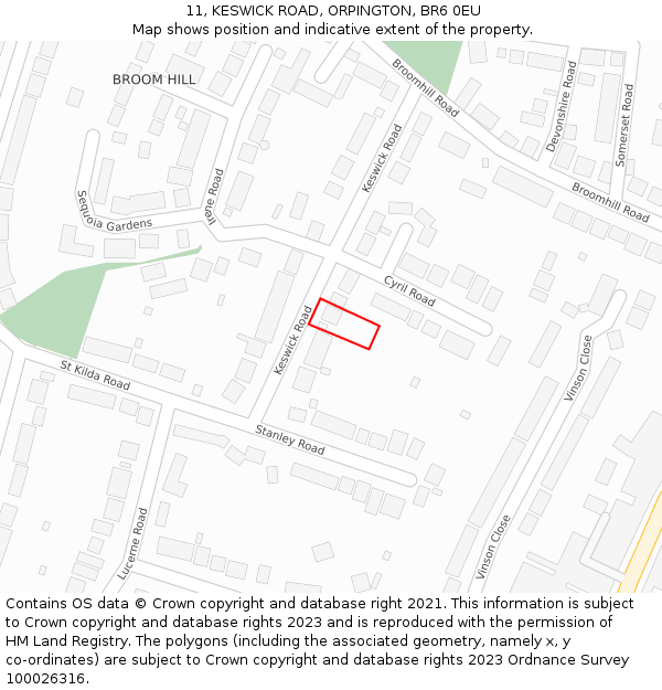 11, KESWICK ROAD, ORPINGTON, BR6 0EU: Location map and indicative extent of plot