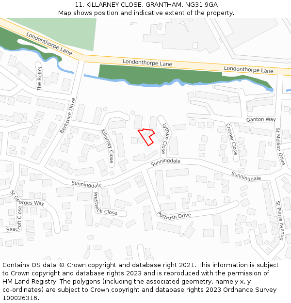 11, KILLARNEY CLOSE, GRANTHAM, NG31 9GA: Location map and indicative extent of plot