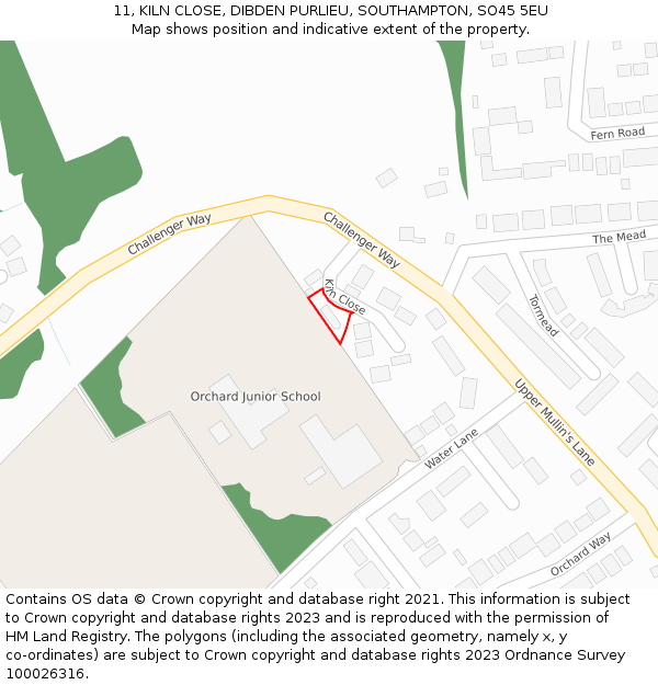 11, KILN CLOSE, DIBDEN PURLIEU, SOUTHAMPTON, SO45 5EU: Location map and indicative extent of plot