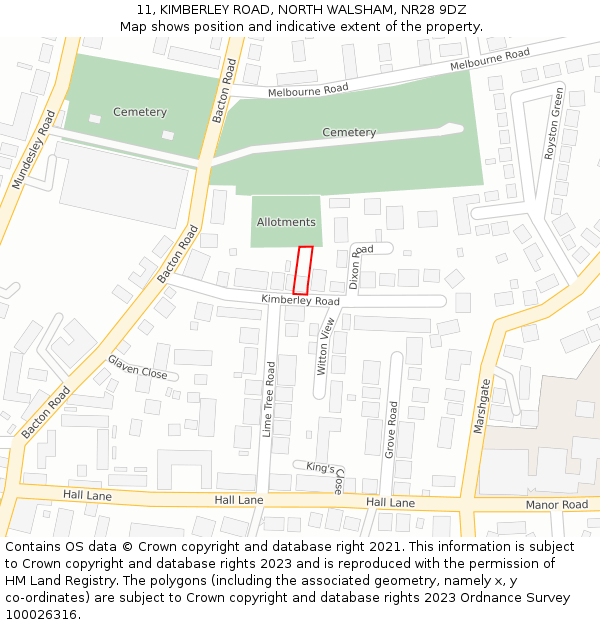 11, KIMBERLEY ROAD, NORTH WALSHAM, NR28 9DZ: Location map and indicative extent of plot