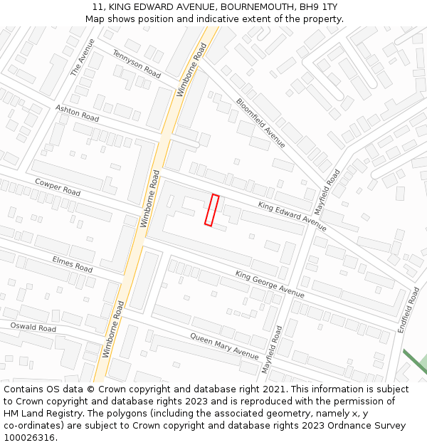 11, KING EDWARD AVENUE, BOURNEMOUTH, BH9 1TY: Location map and indicative extent of plot