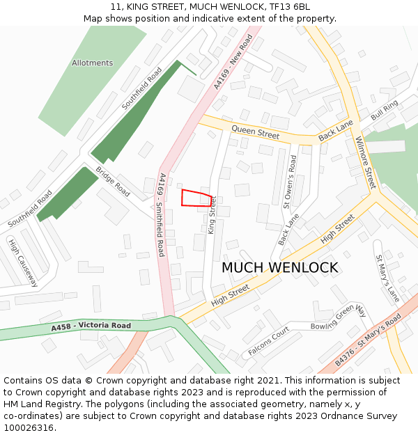11, KING STREET, MUCH WENLOCK, TF13 6BL: Location map and indicative extent of plot