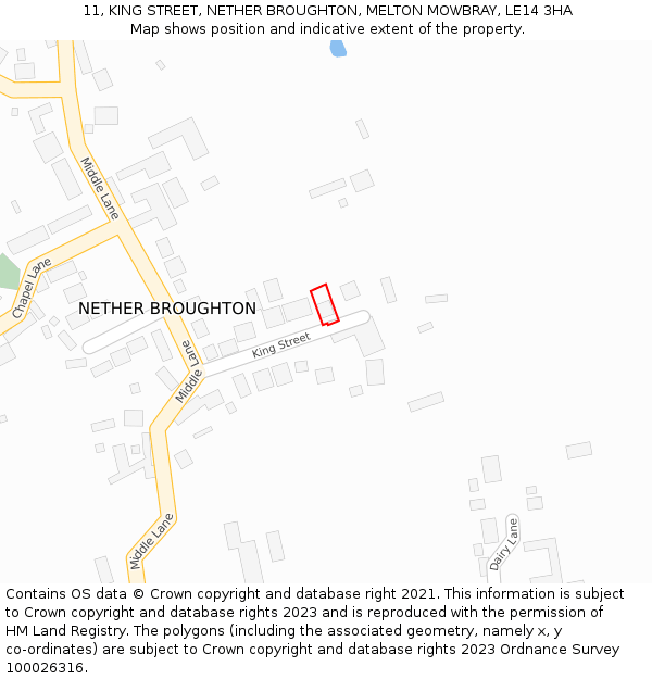 11, KING STREET, NETHER BROUGHTON, MELTON MOWBRAY, LE14 3HA: Location map and indicative extent of plot