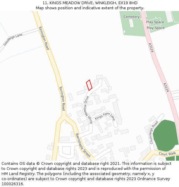 11, KINGS MEADOW DRIVE, WINKLEIGH, EX19 8HD: Location map and indicative extent of plot