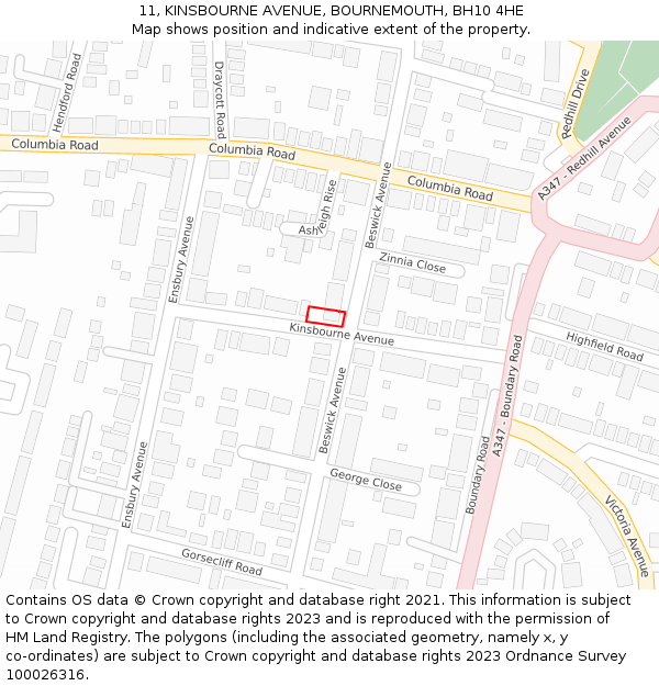 11, KINSBOURNE AVENUE, BOURNEMOUTH, BH10 4HE: Location map and indicative extent of plot