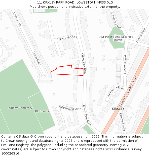 11, KIRKLEY PARK ROAD, LOWESTOFT, NR33 0LQ: Location map and indicative extent of plot