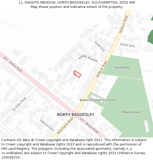 11, KNIGHTS MEADOW, NORTH BADDESLEY, SOUTHAMPTON, SO52 9AF: Location map and indicative extent of plot