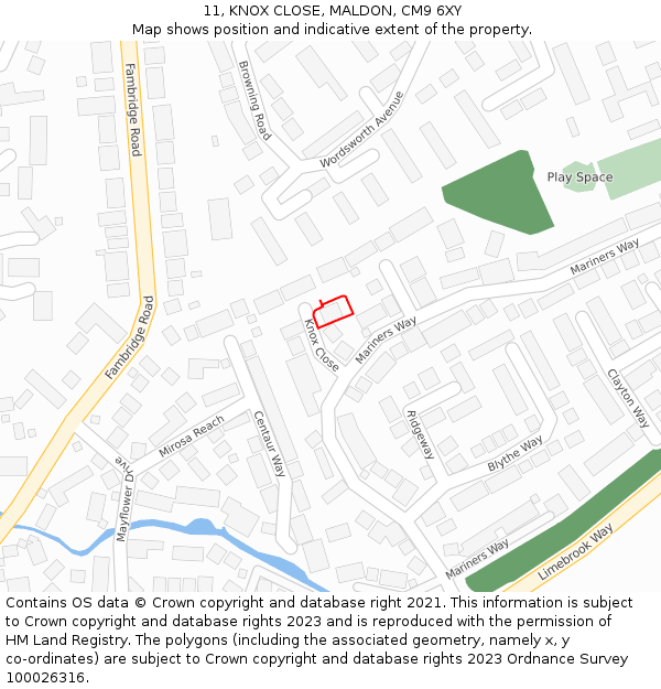 11, KNOX CLOSE, MALDON, CM9 6XY: Location map and indicative extent of plot